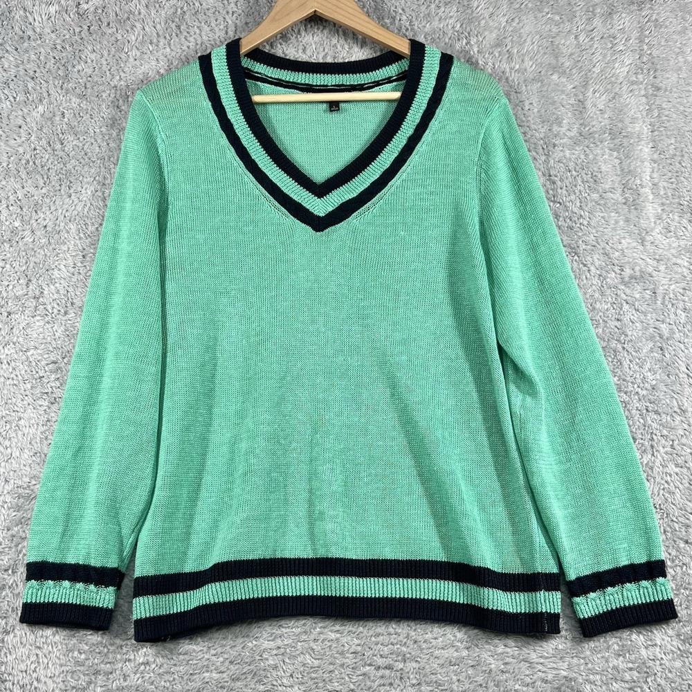 Talbots Linen‎ Sweater Womens Large Green Blue Tipped V Neck Coastal Nautical